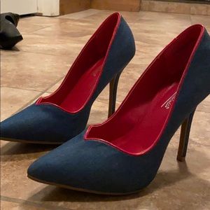 Denim and red heels